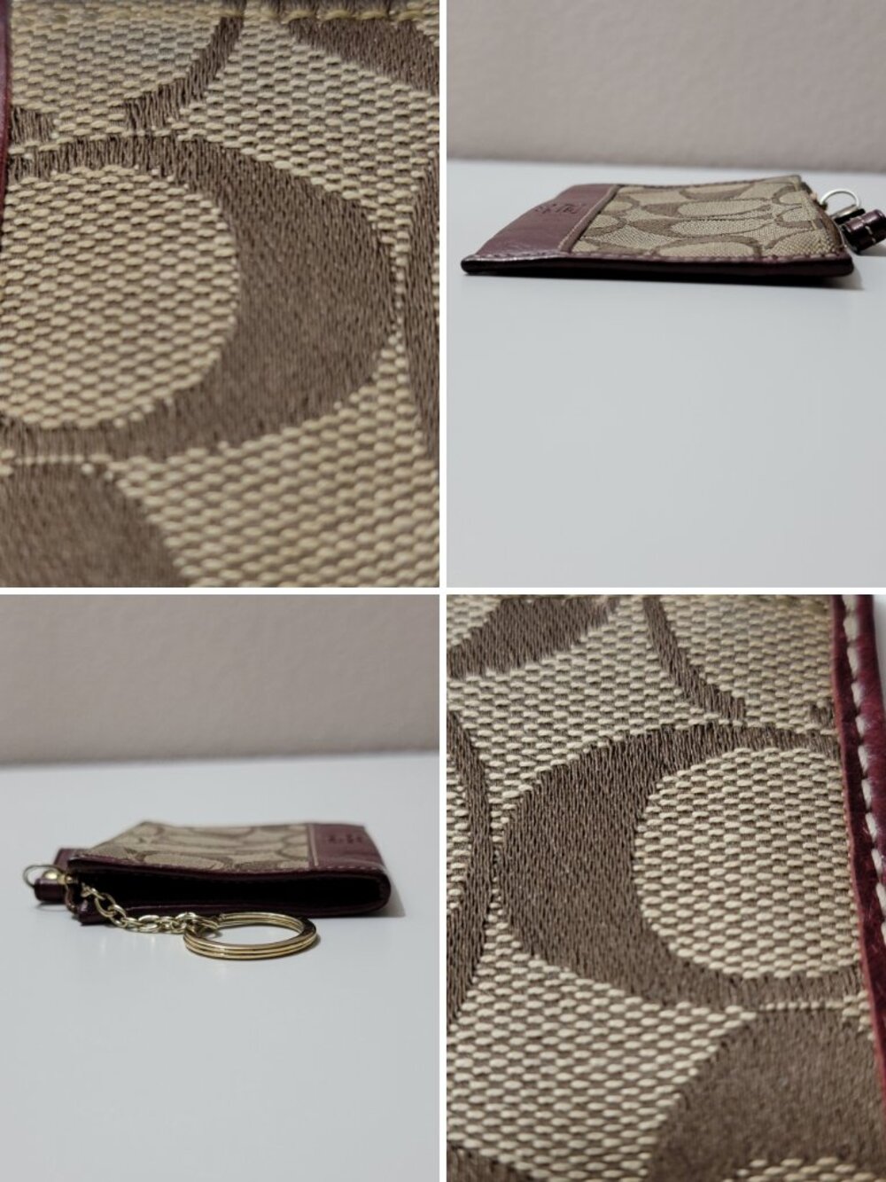 Coach Mini Skinny ID Case Signature Canvas Khaki Bordeaux Keyring Wallet Vintage - Picture 4 of 5